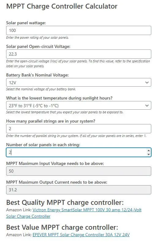 Results from MPPT charge controller calculator