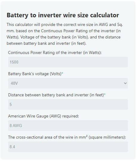 Battery to inverter wire size calculator
