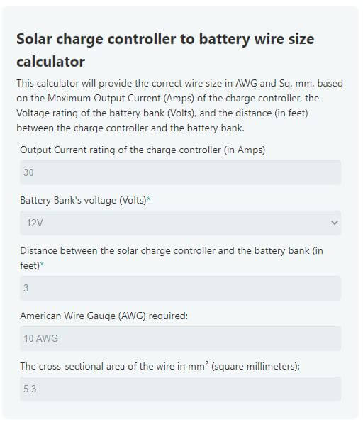 What size cable from solar charge controller to battery