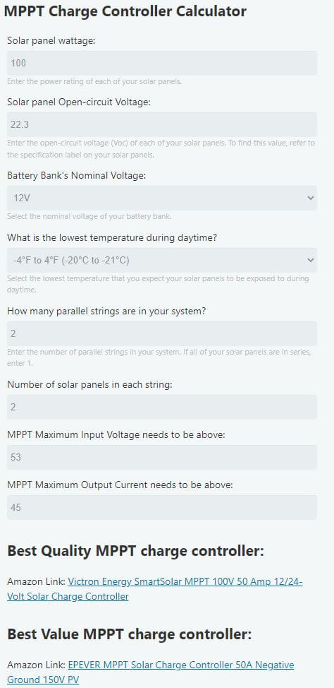 MPPT calculator - What size MPPT for 4 12V-100W solar panels in series-parallel feeding a 12V battery bank