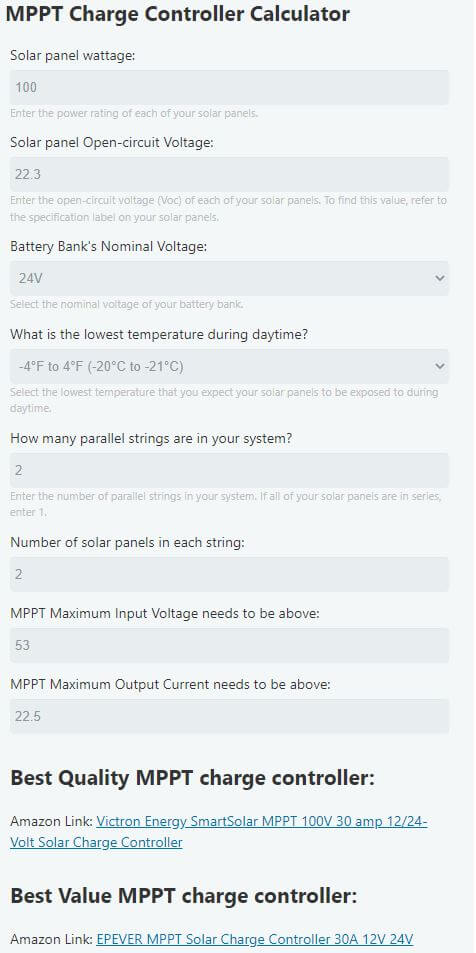 MPPT calculator - What size MPPT for 4 12V-100W solar panels in series-parallel feeding a 24V battery bank
