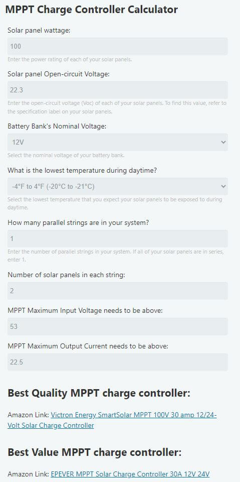 MPPT calculator - What size MPPT for 2 12V-100W solar panels in series feeding a 12V battery