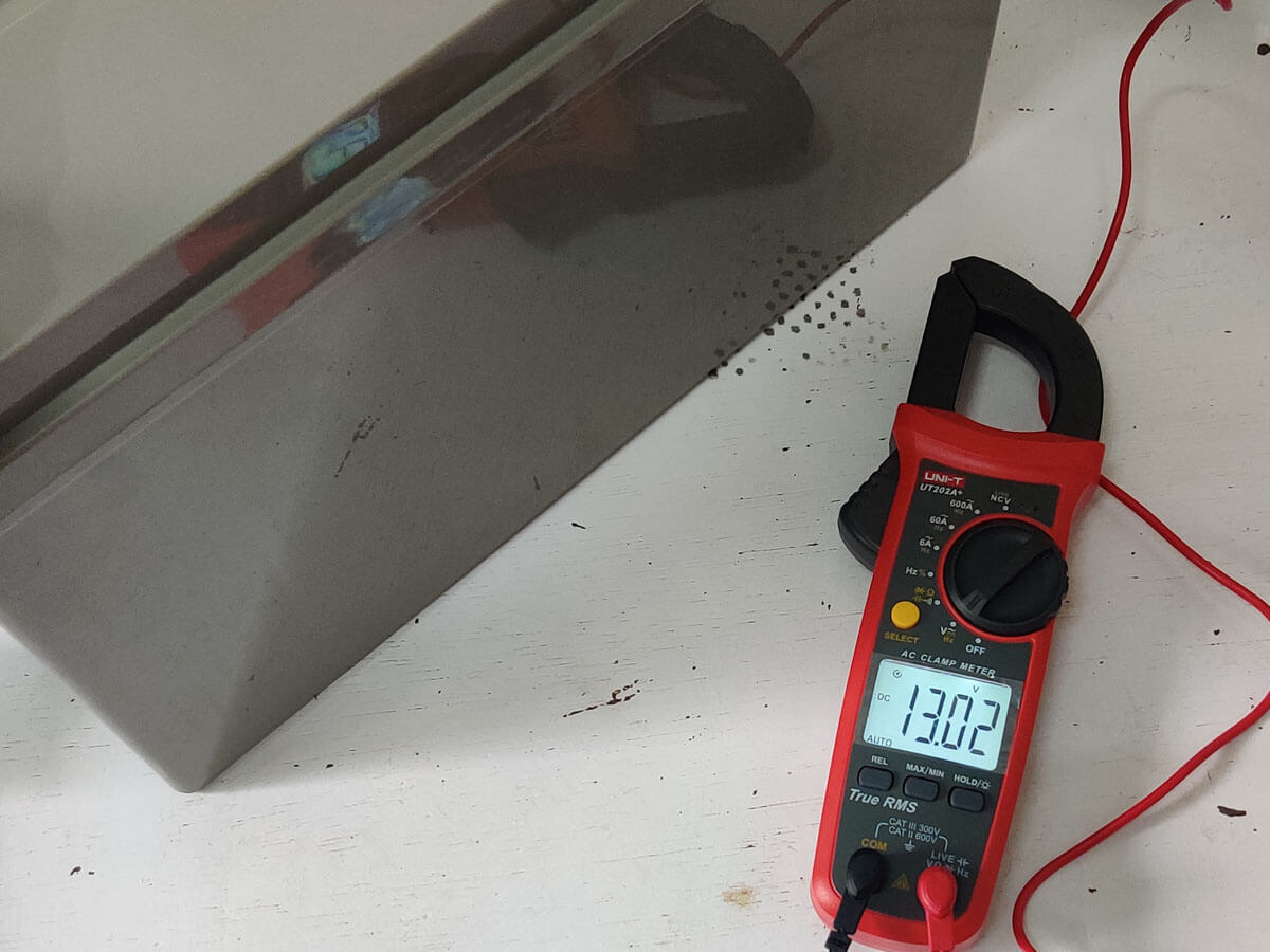 Before testing how long my battery will run my fridge, I tested its voltage to make sure that the battery was fully charged.