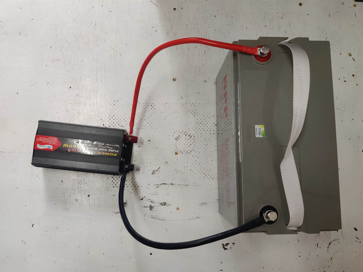 Once the inverter is connected to the battery, our backup battery bank is ready to use.