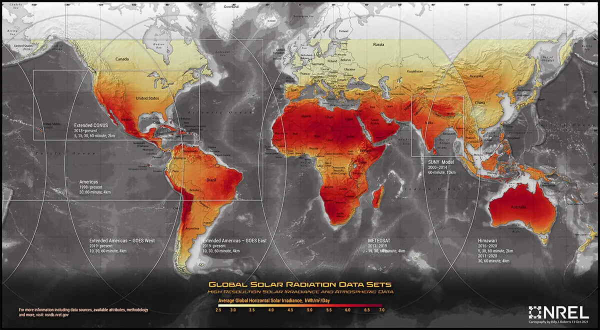 Global Peak Sun Hours map provided by the NSRDB.