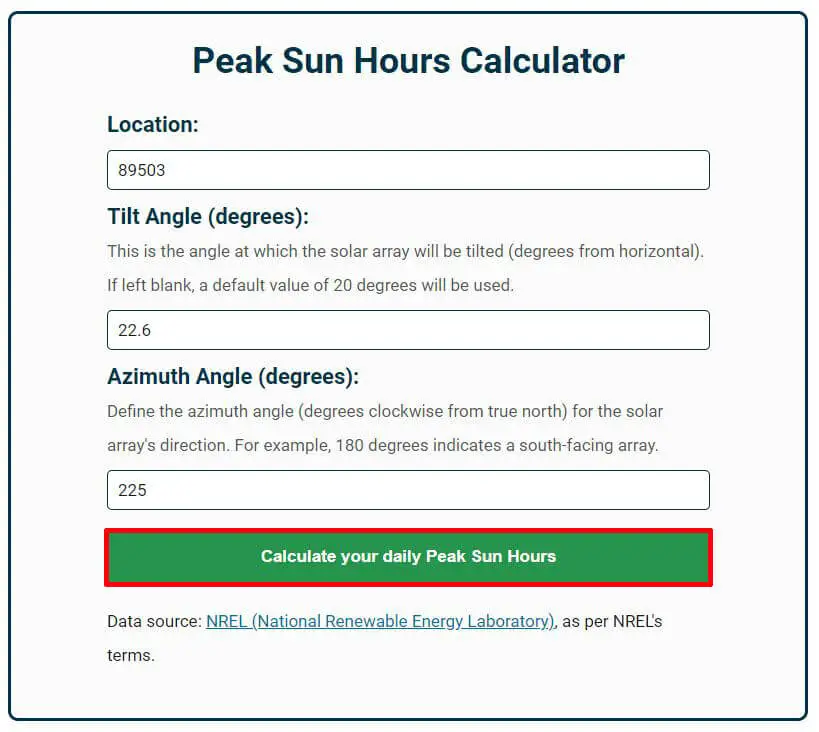 Once you've filled out these 3 boxes, click the green "Calculate your daily Peak Sun Hours" to retrieve the data.